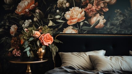 A bed with a black headboard and a vase of flowers - Powered by Adobe