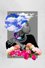 Portrait collage of confident mature lady wearing absurd sky headwear flying butterflies decoration...
