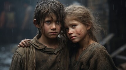 Fototapeta premium A couple of kids standing next to each other in the rain