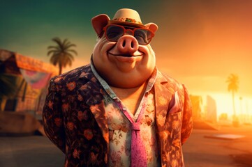 Filthy fat rich pig wearing sunglasses and summer hat. Dirty piggy in human shape posing on beach. Generate ai