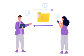 Document collaboration, team work, exchanging files online concept. Vector illustrations for banner, website, landing page, flyer.