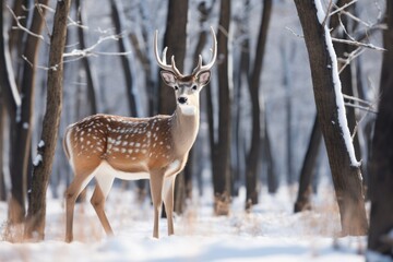 Naklejka na ściany i meble Majestic deer grazing peacefully in a serene snow-covered winter forest 