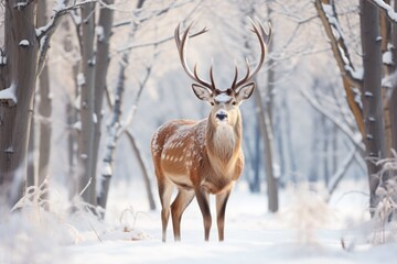 Majestic deer grazing peacefully in a serene snow-covered winter forest 