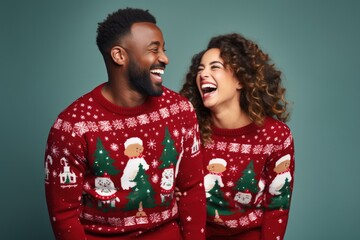 Guests in ugly Christmas sweaters mingling isolated on a gradient background 