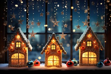 Fototapeta na wymiar Enchanting toy-studded Christmas window scene isolated on a twilight gradient background 