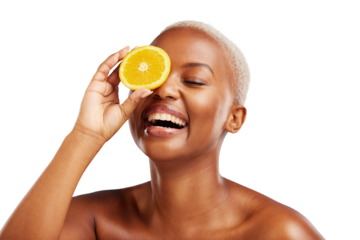 Happy black woman, laughing or orange for skincare, beauty or diet for wellness, health or fruits. Eye, funny girl or African female person with smile or glow isolated on transparent png background