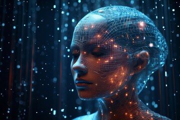 Female face with matrix digital numbers, dots, links, hologram. The concept of artificial intelligence AI. Robotic wired head