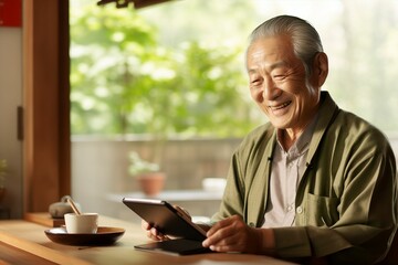 Fototapeta na wymiar 家でタブレットを見る笑顔の日本人おじいさん（デジタル端末・ガジェット・iPad）