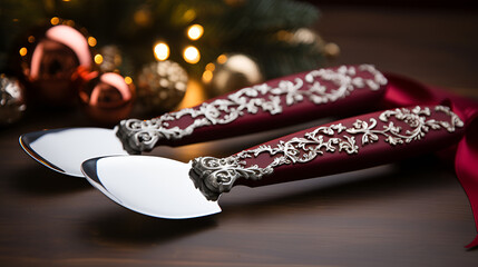 Fototapeta na wymiar christmas decoration with candles, Wood spoon with three cones on wood table near the window, Serving Christmas table in room