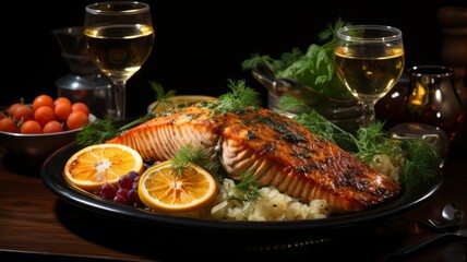 Grilled or fried salmon with lemon and herbs