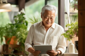家でタブレットを見る笑顔の日本人おじいさん（デジタル端末・ガジェット・iPad） - obrazy, fototapety, plakaty