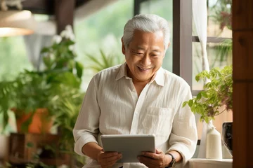 Foto op Canvas 家でタブレットを見る笑顔の日本人おじいさん（デジタル端末・ガジェット・iPad） © Maki_Japan