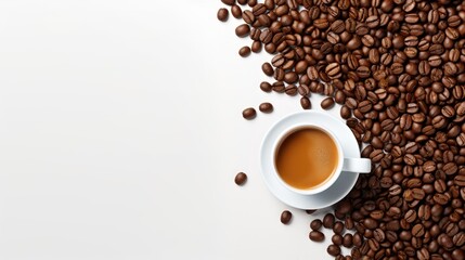 Arrangement of coffee beans and a coffee cup with space for copy.