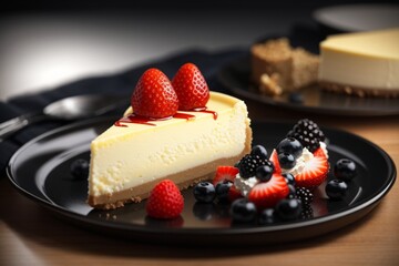 A delicious cheesecake sprinkled with goodies stands on a table with a beautiful background