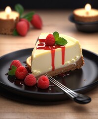 A delicious cheesecake sprinkled with goodies stands on a table with a beautiful background