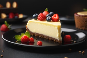 A delicious cheesecake sprinkled with goodies stands on a table with a beautiful background