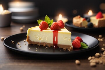 A delicious cheesecake sprinkled with goodies stands on a table with a beautiful background