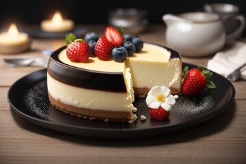 A delicious cheesecake sprinkled with goodies stands on a table with a beautiful background