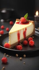 A delicious cheesecake sprinkled with goodies stands on a table with a beautiful background