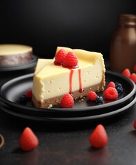 A delicious cheesecake sprinkled with goodies stands on a table with a beautiful background