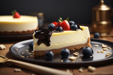 A delicious cheesecake sprinkled with goodies stands on a table with a beautiful background