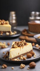 A delicious cheesecake sprinkled with goodies stands on a table with a beautiful background