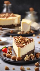 A delicious cheesecake sprinkled with goodies stands on a table with a beautiful background