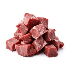 Pile of raw beef cubes on a white background