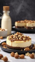 A delicious cheesecake sprinkled with goodies stands on a table with a beautiful background