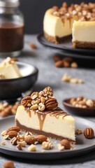 A delicious cheesecake sprinkled with goodies stands on a table with a beautiful background