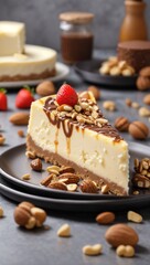 A delicious cheesecake sprinkled with goodies stands on a table with a beautiful background