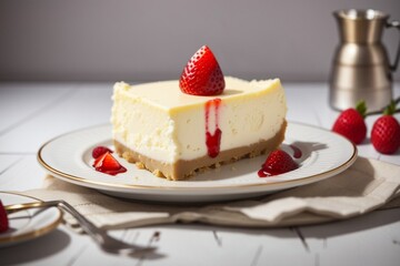A delicious cheesecake sprinkled with goodies stands on a table with a beautiful background