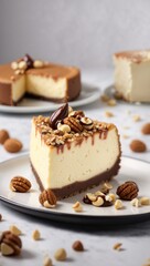 A delicious cheesecake sprinkled with goodies stands on a table with a beautiful background