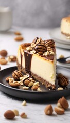 A delicious cheesecake sprinkled with goodies stands on a table with a beautiful background