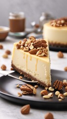 A delicious cheesecake sprinkled with goodies stands on a table with a beautiful background