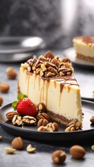 A delicious cheesecake sprinkled with goodies stands on a table with a beautiful background