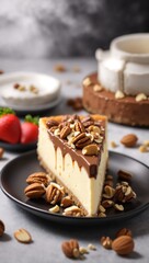 A delicious cheesecake sprinkled with goodies stands on a table with a beautiful background