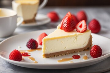 A delicious cheesecake sprinkled with goodies stands on a table with a beautiful background