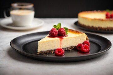 A delicious cheesecake sprinkled with goodies stands on a table with a beautiful background