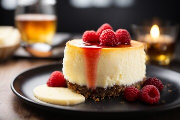A delicious cheesecake sprinkled with goodies stands on a table with a beautiful background