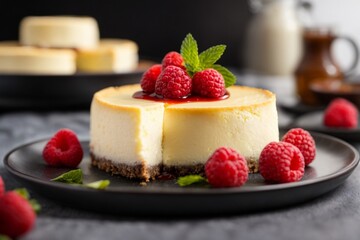 A delicious cheesecake sprinkled with goodies stands on a table with a beautiful background