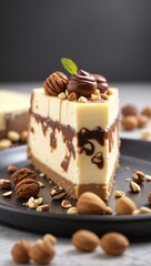 A delicious cheesecake sprinkled with goodies stands on a table with a beautiful background