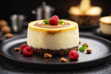 A delicious cheesecake sprinkled with goodies stands on a table with a beautiful background