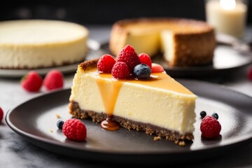 A delicious cheesecake sprinkled with goodies stands on a table with a beautiful background