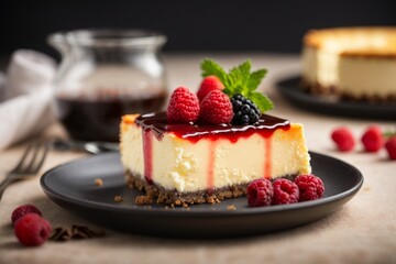 A delicious cheesecake sprinkled with goodies stands on a table with a beautiful background