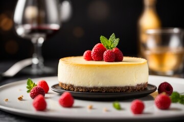 A delicious cheesecake sprinkled with goodies stands on a table with a beautiful background