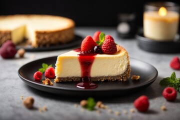 A delicious cheesecake sprinkled with goodies stands on a table with a beautiful background