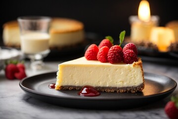 A delicious cheesecake sprinkled with goodies stands on a table with a beautiful background