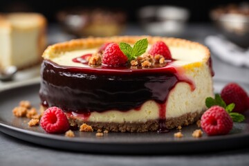 A delicious cheesecake sprinkled with goodies stands on a table with a beautiful background