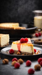 A delicious cheesecake sprinkled with goodies stands on a table with a beautiful background